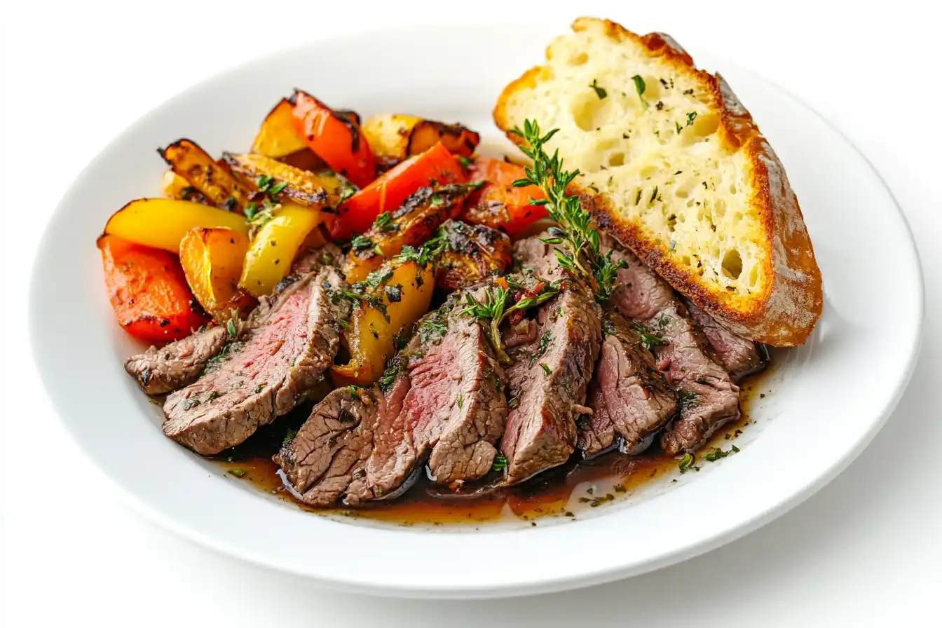 Sliced Italian beef drizzled with broth, served with roasted vegetables and garlic bread on a ceramic plate.