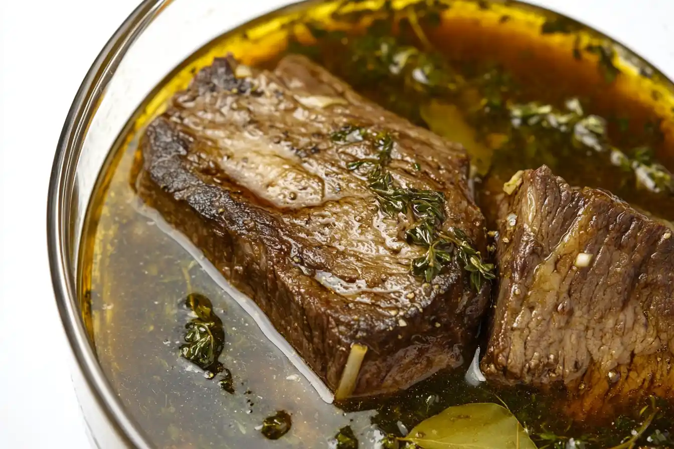 Italian beef simmering in a dark broth with herbs visible, partially submerged in a cast-iron pot.