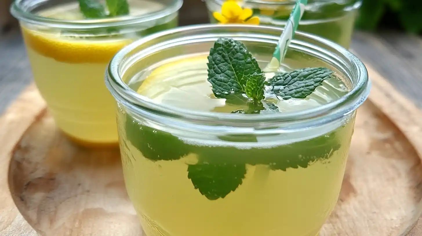 A glass pitcher of homemade lemon balm tea with fresh mint and lemon slices, with a metal cup and extra mint leaves in the background.