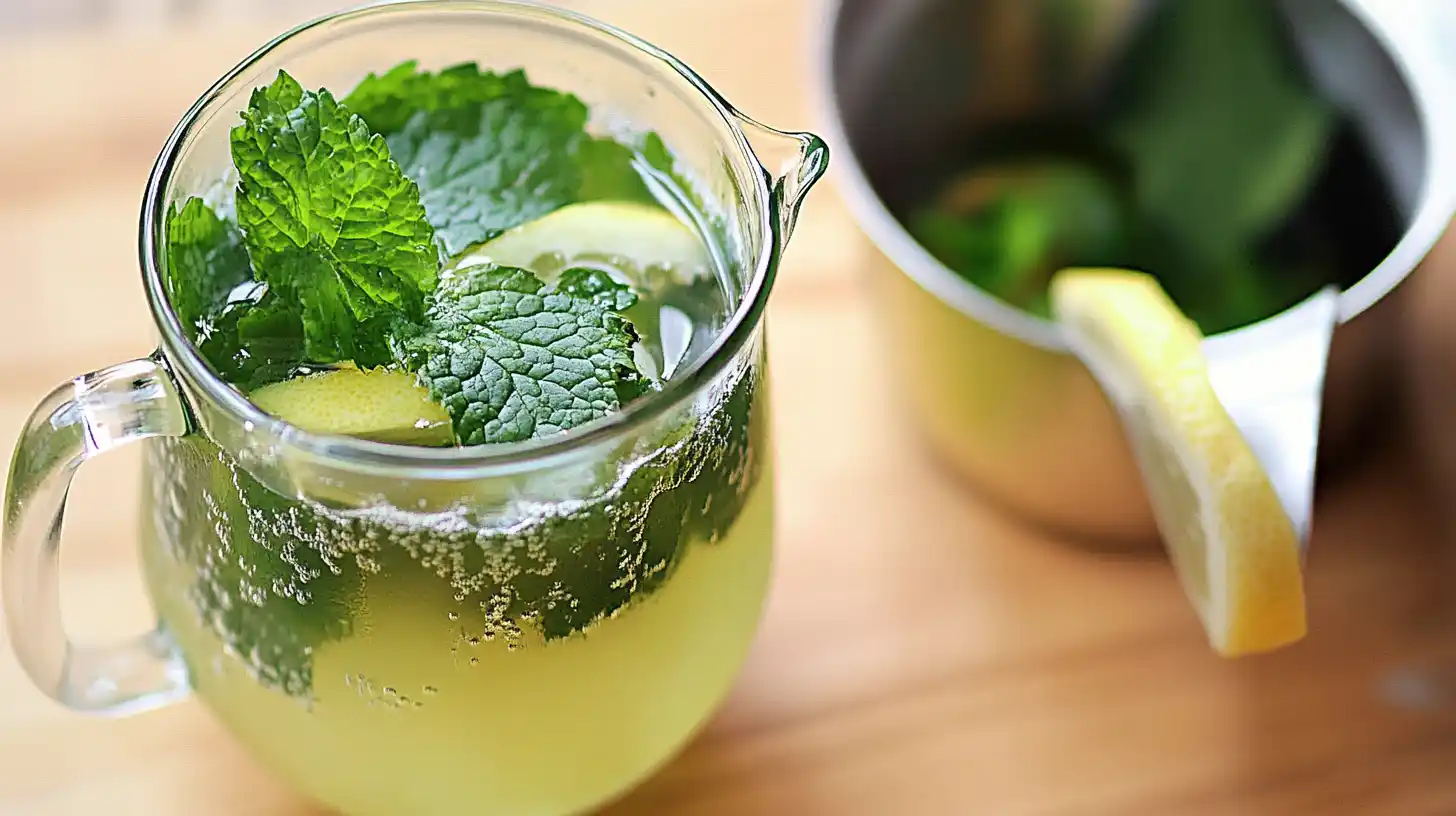 Glass of lemon balm tea with mint and lemon slices, placed on a wooden tray with additional glasses in the background.