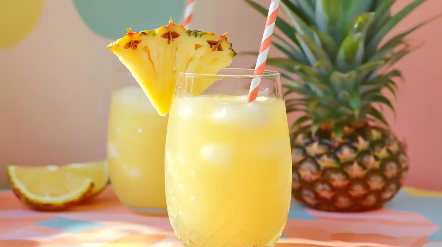 Hands straining blended pineapple juice into a pitcher, with fresh lemons and sweetener nearby.