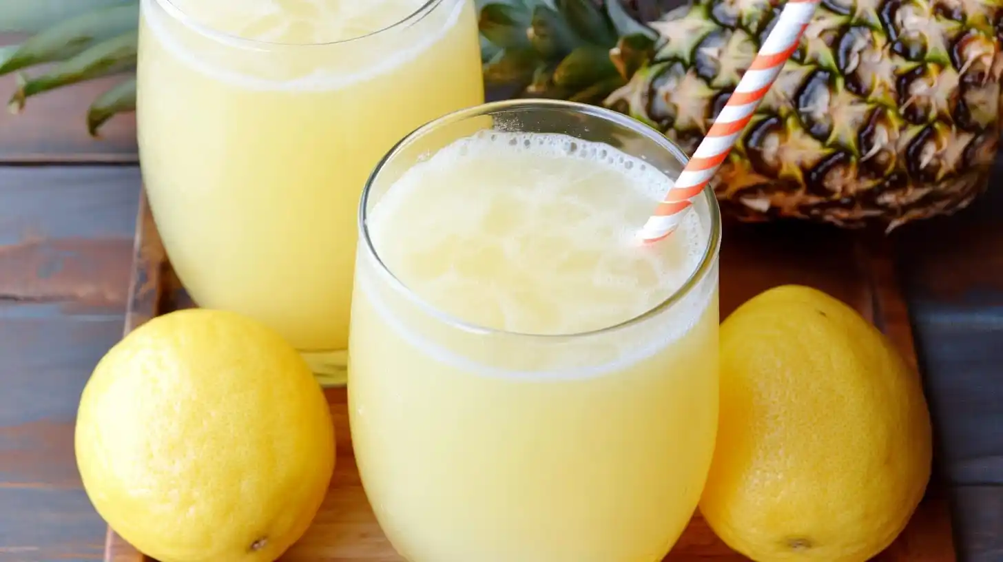 A glass of pineapple lemonade with ice, garnished with a pineapple wedge and lemon slice, against a bright outdoor background.