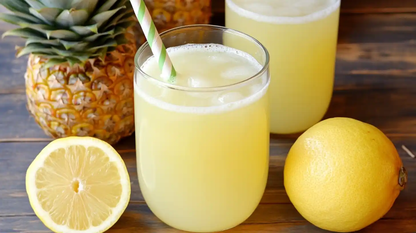 Fresh pineapple, sliced lemons, honey, water, and ice cubes laid out on a wooden surface.