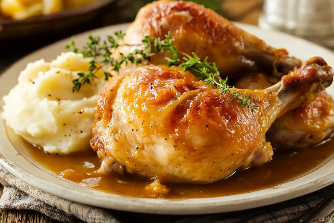 Plated Chicken And Gravy With Sides