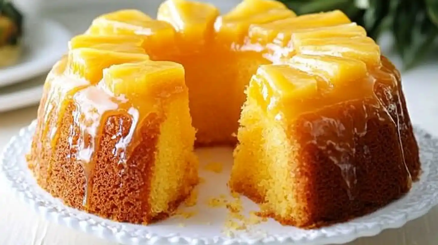 A slice of pineapple juice cake with glaze on a plate, garnished with a pineapple wedge, with the whole cake in the background.