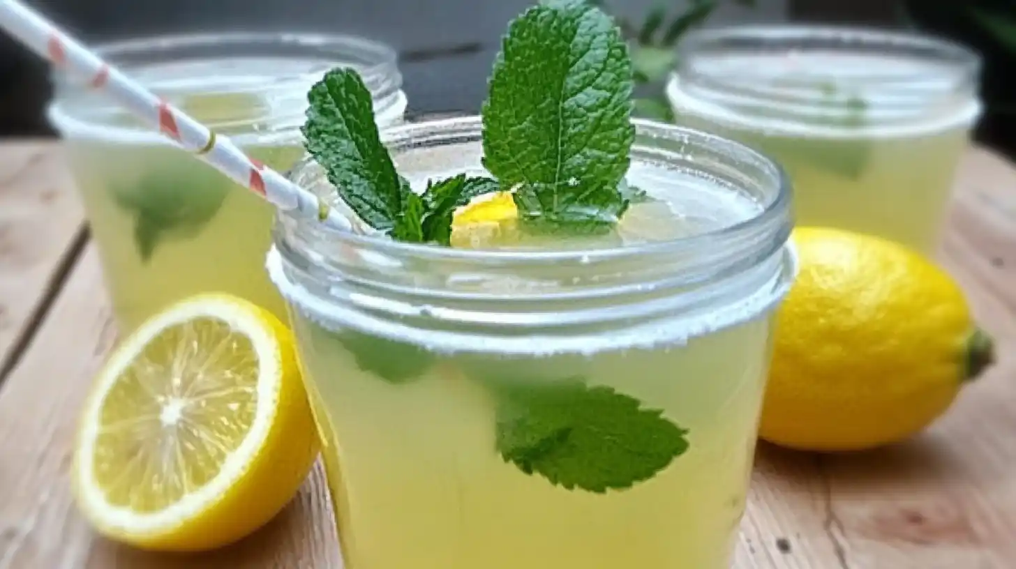 Glass of homemade lemon balm drink with mint leaves and lemon slices, placed on a wooden table with fresh lemons.