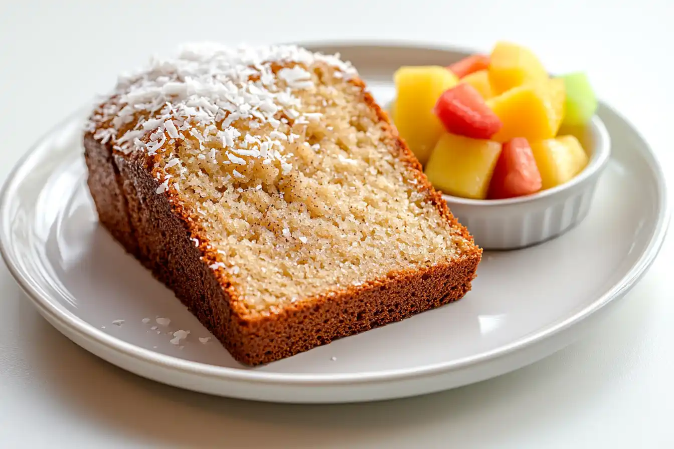 A slice of Hawaiian banana bread on a ceramic plate, garnished with shredded coconut and served with tropical fruit.