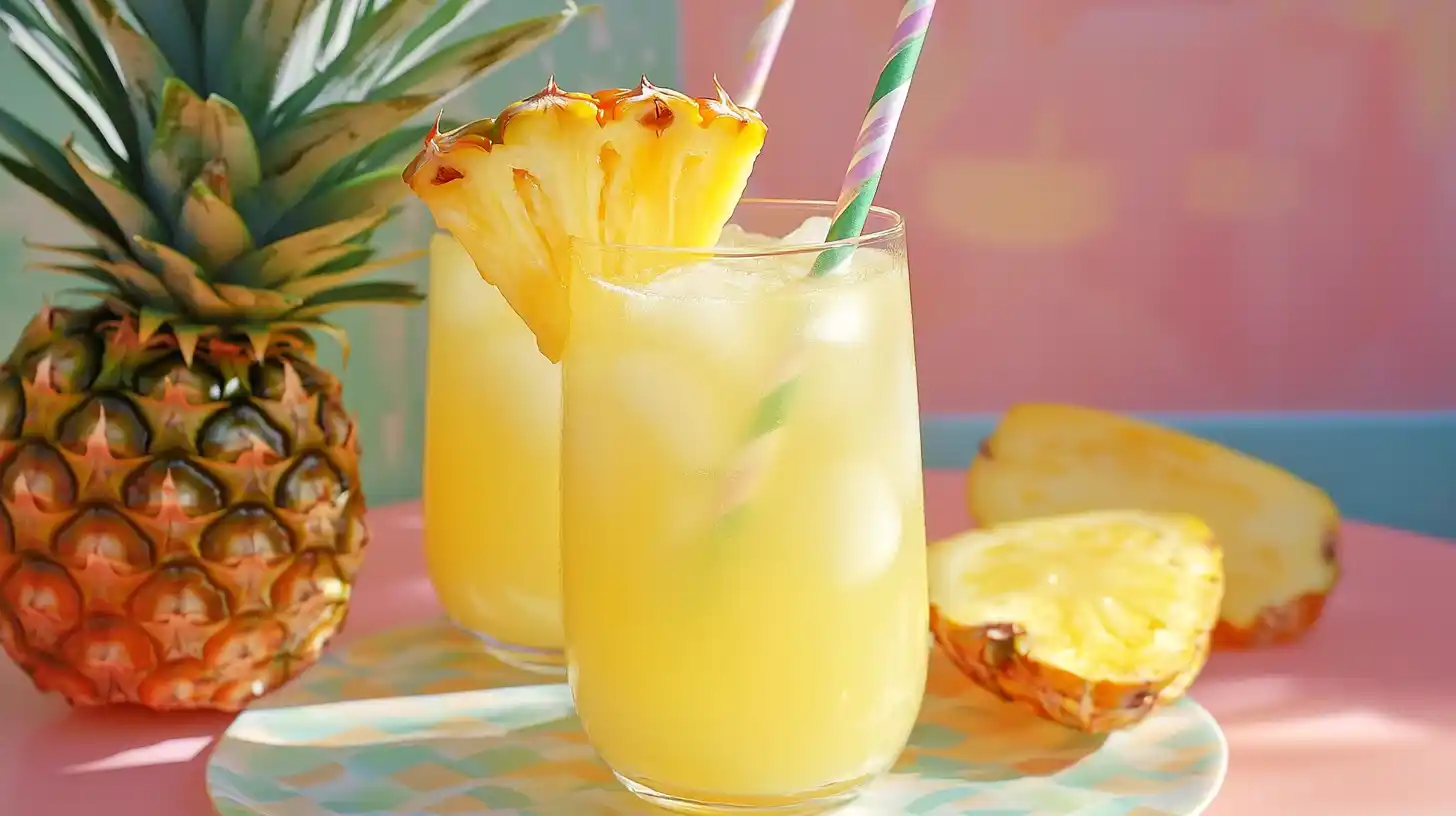 A pitcher of pineapple lemonade with two glasses, garnished with pineapple and lemon slices, set on a bright outdoor table.