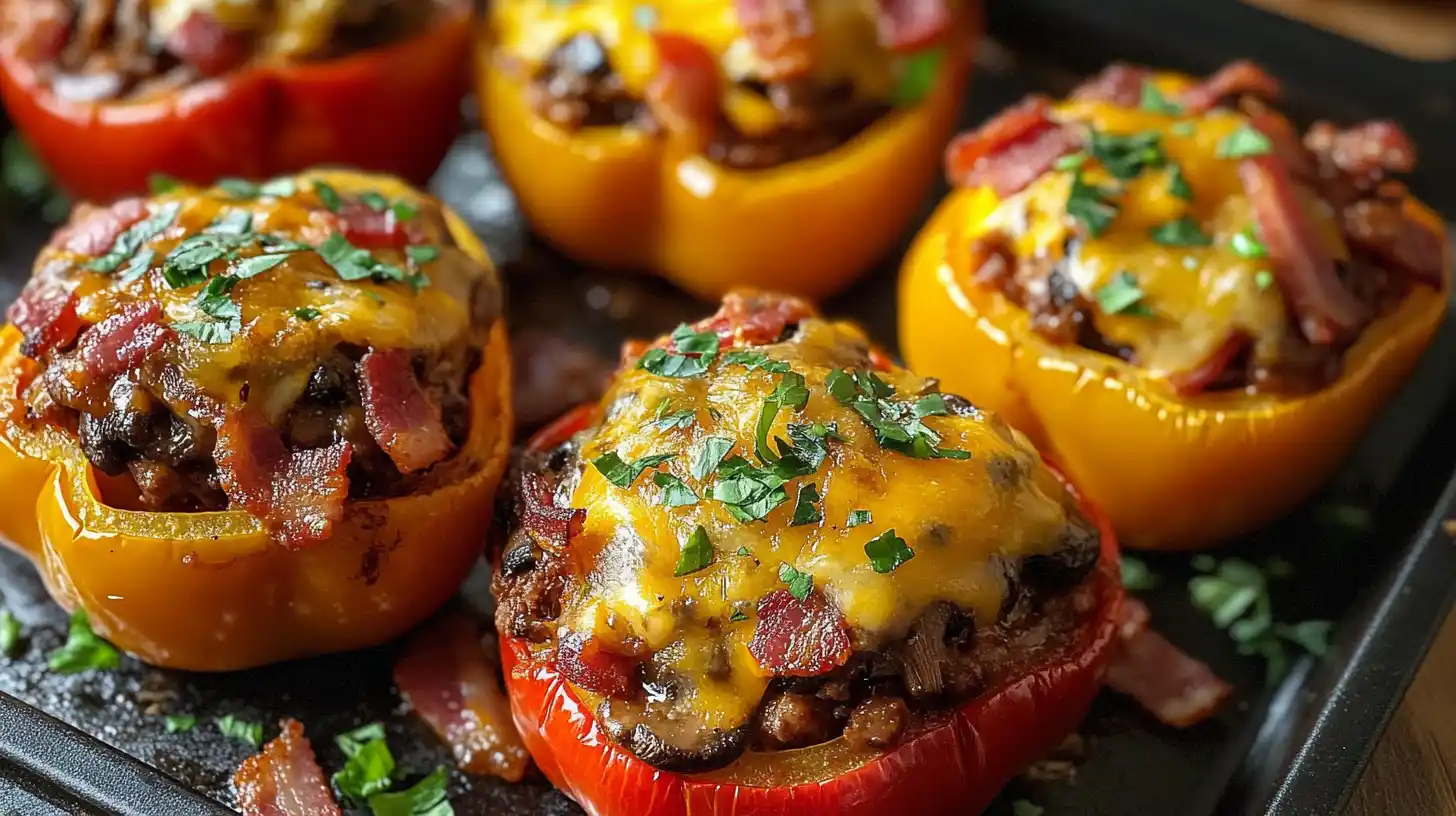 Served Mushroom Bbq Bacon Cheeseburger Stuffed Peppers