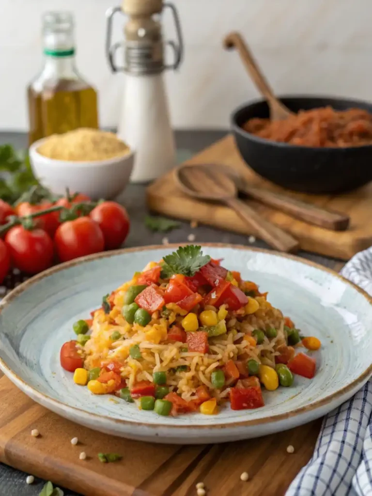 A delicious 4-Ingredient Mounjaro Recipe dish with rice, colorful vegetables, and fresh parsley, ready to serve on a light blue plate. Background shows fresh tomatoes, olive oil, and sauce ingredients.