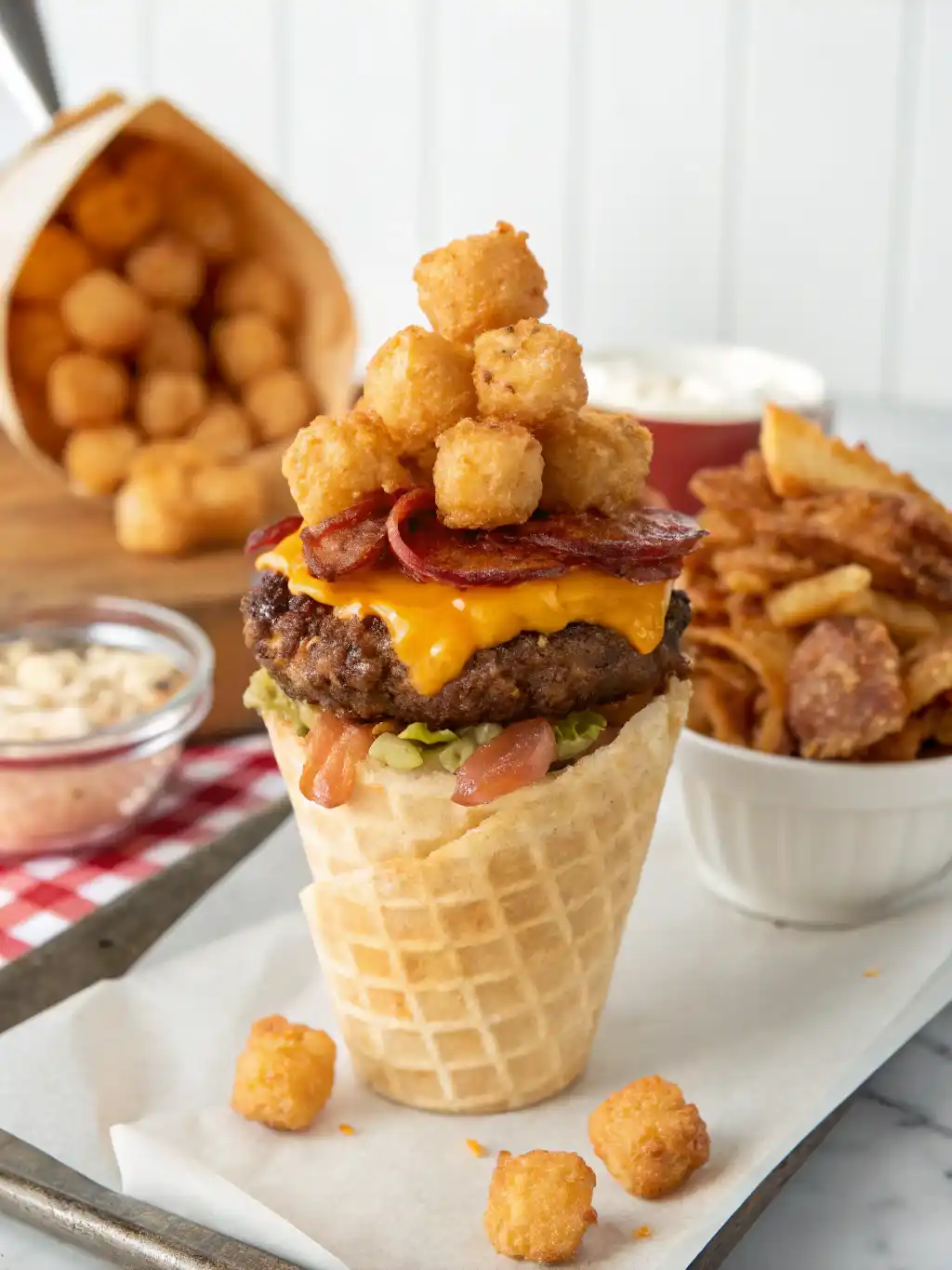 Bacon Cheeseburger Stuffed Tater Tot Cones 2 Bacon Cheeseburger Stuffed Tater Tot Cones