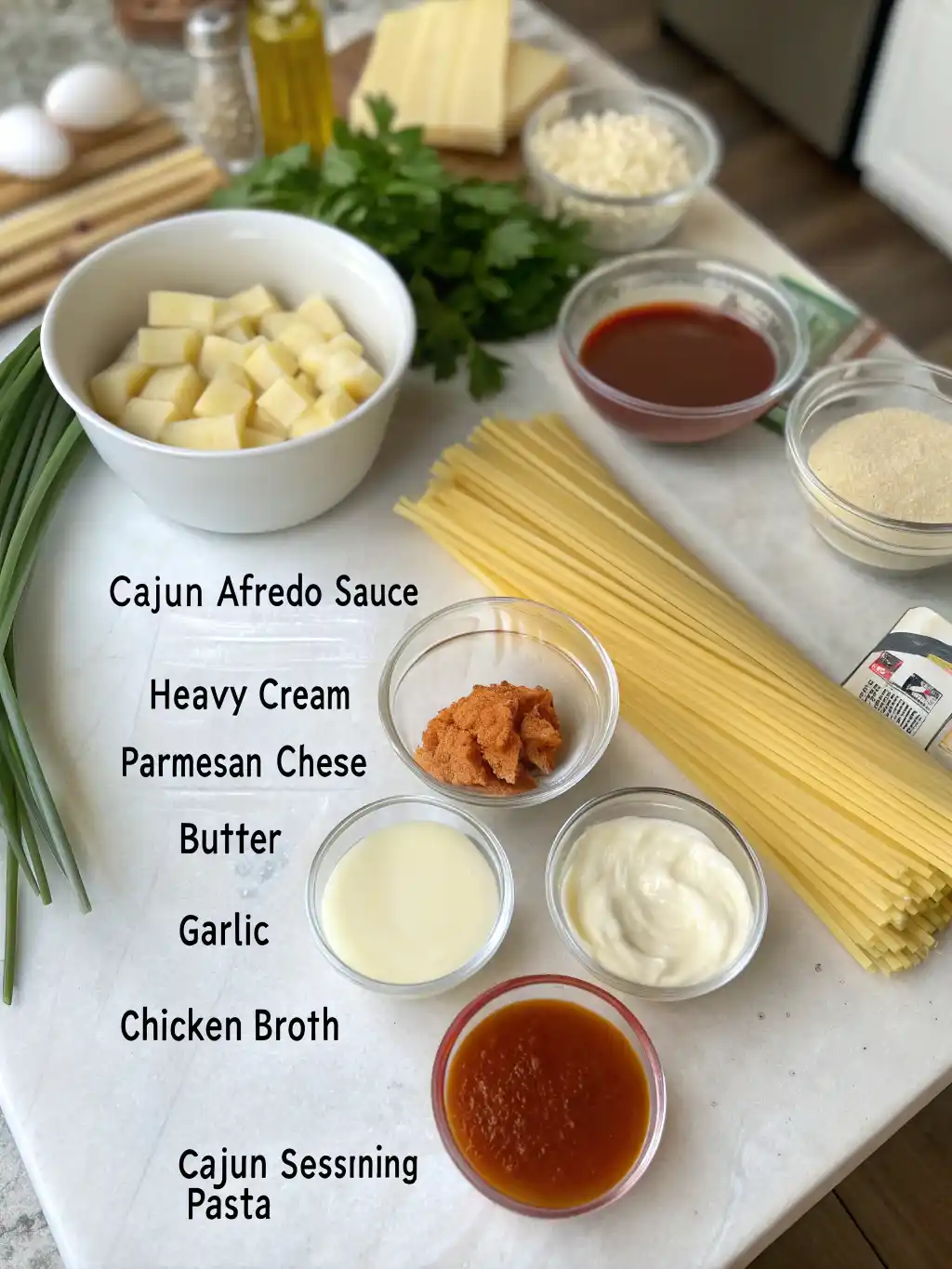 Cajun Alfredo Sauce recipe ingredients — heavy cream, parmesan cheese, butter, garlic, and Cajun seasoning.