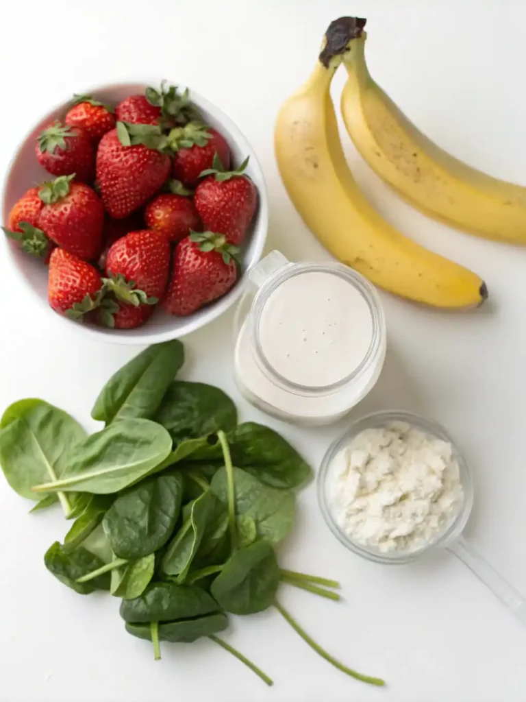 Low calorie smoothies ingredients assorted fresh fruits, leafy greens, plant-based milk, ice cubes, and chia seeds.