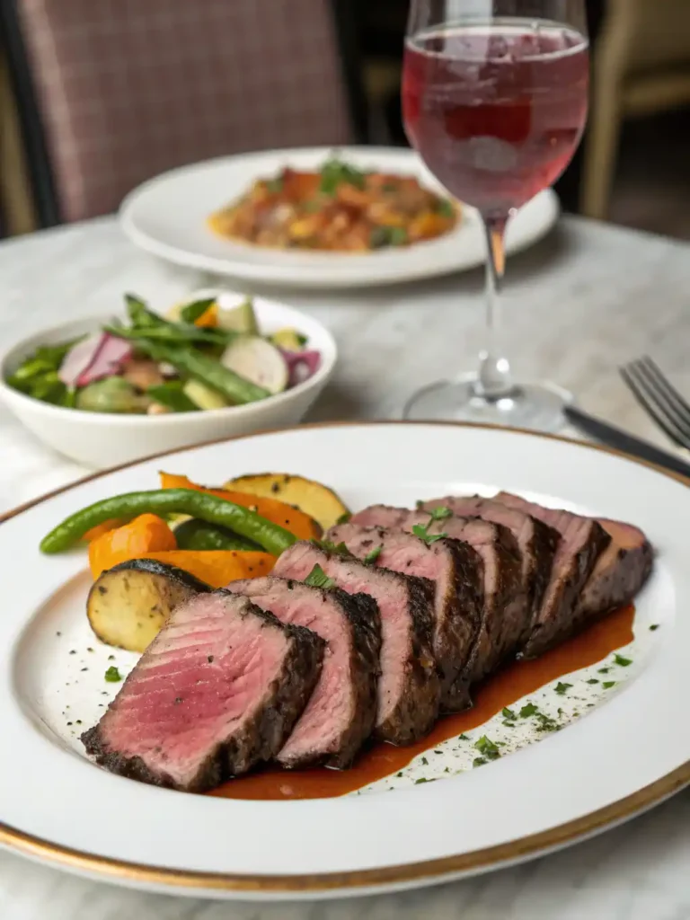 Perfect Sous Vide Flank Steak Recipe 4 Sous vide flank steak served on a dinner plate with roasted vegetables and herb garnish