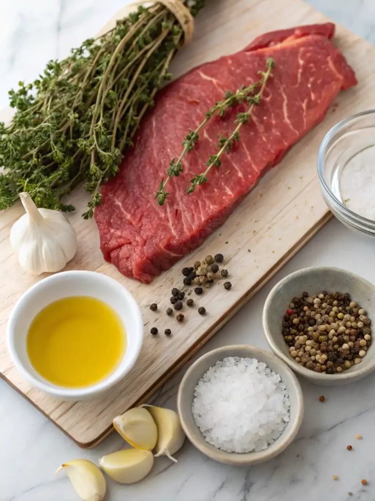 Perfect Sous Vide Flank Steak Recipe 1 Ingredients for sous vide flank steak including raw steak, rosemary, garlic, salt, pepper, and olive oil