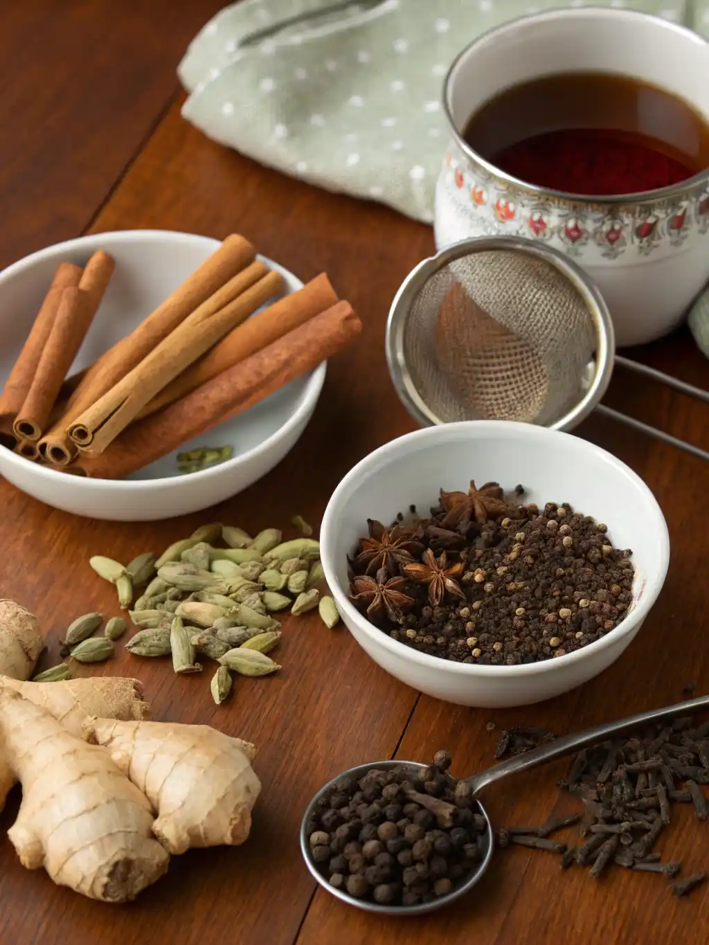 A vibrant display of fresh and whole spices for Masala Chai Tea, including ginger, cardamom pods, cinnamon sticks, star anise, and black peppercorns, ready for brewing.