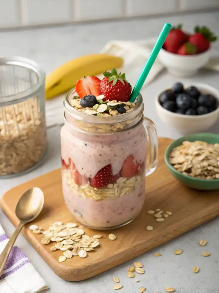 Oats smoothie weight loss recipe served in a glass jar layered with oats, strawberries, bananas, and topped with oats and berries.