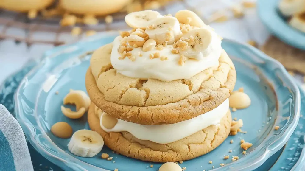 A stack of banana pudding cookies with creamy pudding and banana slices on a blue plate.