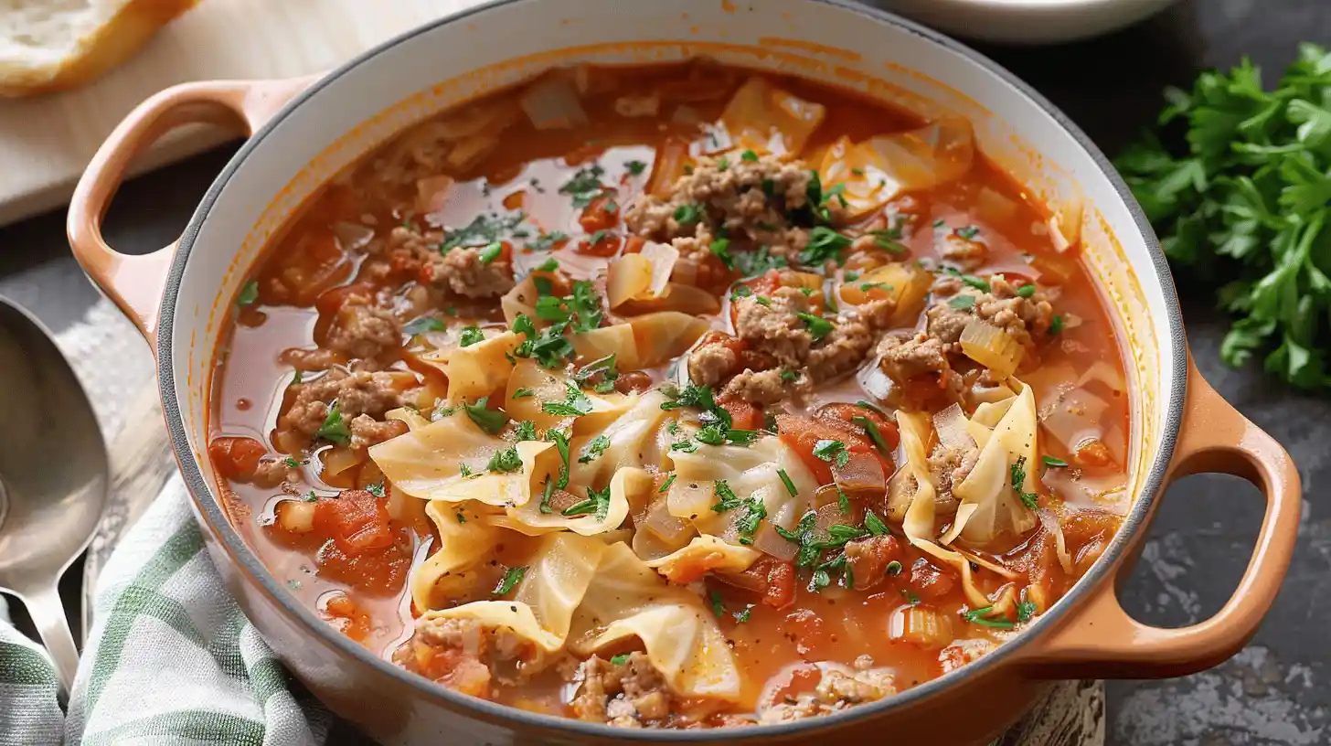 A pot of cabbage roll soup with cabbage, ground meat, and tomato broth.