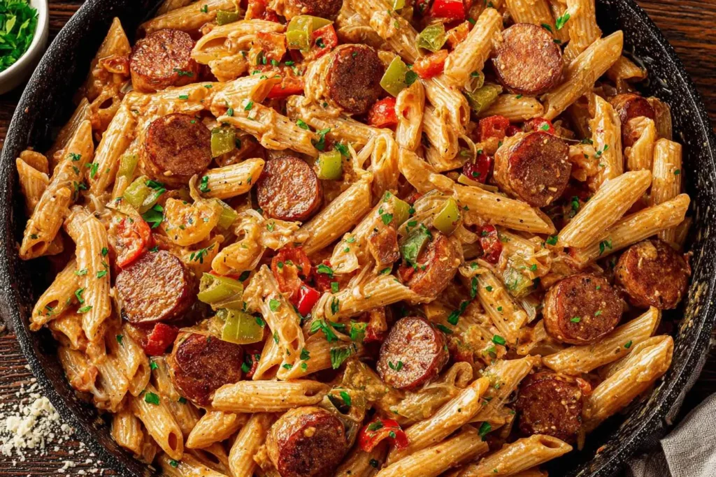 A close-up view of a skillet filled with creamy cajun sausage pasta, featuring penne, sliced sausage, colorful peppers, and fresh parsley.