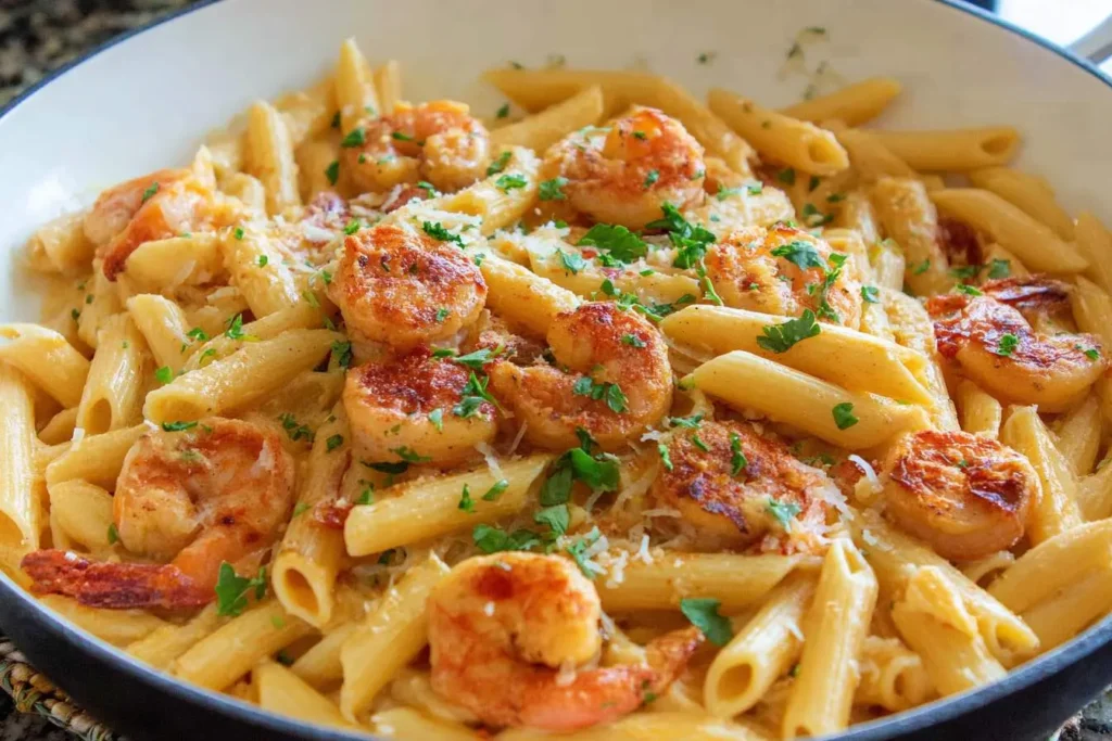 A close-up of creamy Cajun Shrimp Pasta with penne, perfectly cooked shrimp, fresh parsley, and grated cheese in a skillet.