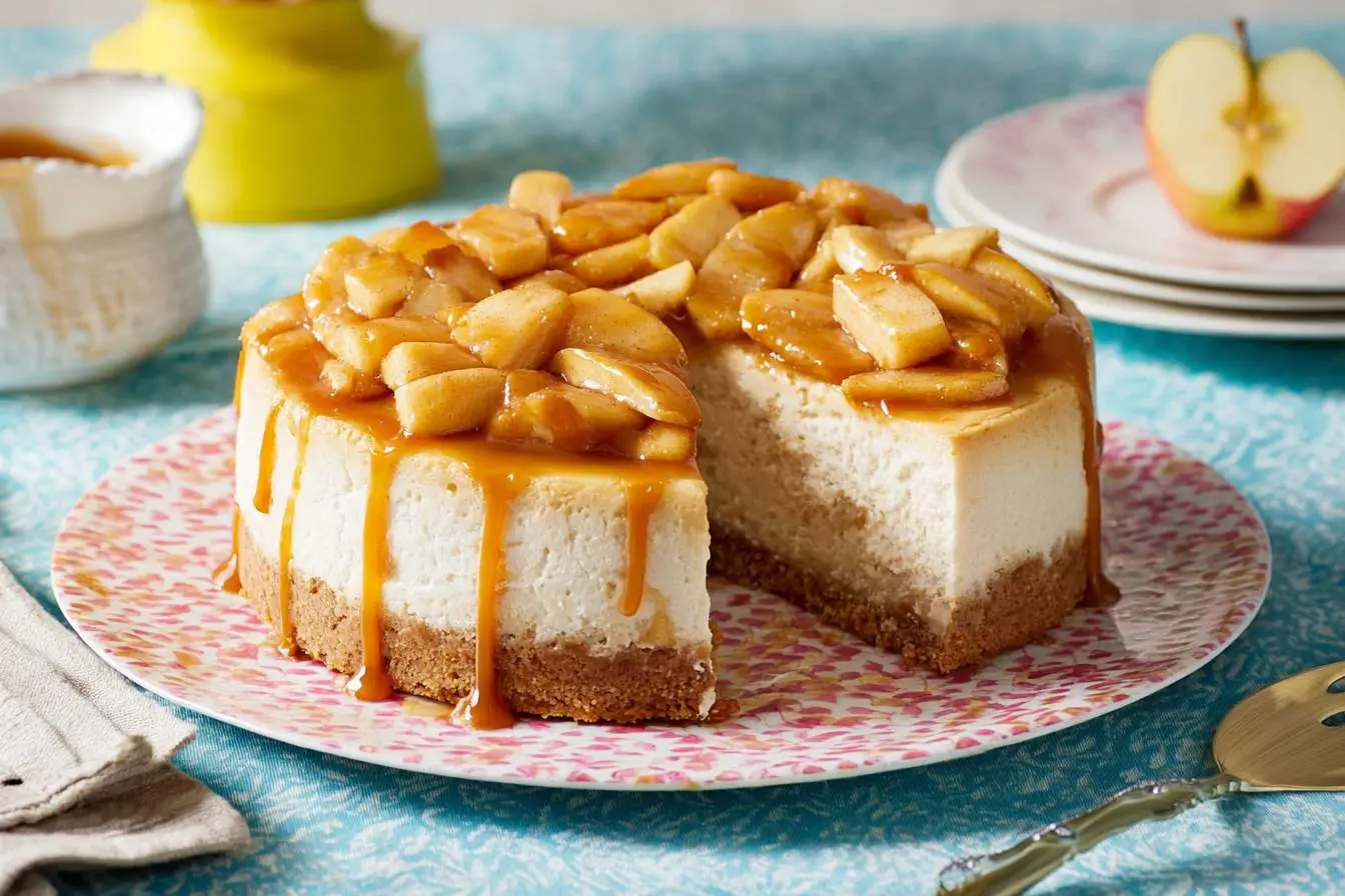 A whole caramel apple cheesecake with a slice removed, topped with glistening apple pieces and rich caramel sauce, on a floral plate.