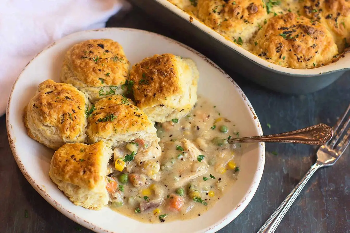 A close-up of a plate of fluffy golden-brown biscuits served with a creamy chicken and biscuits pot pie filling, garnished with fresh parsley.