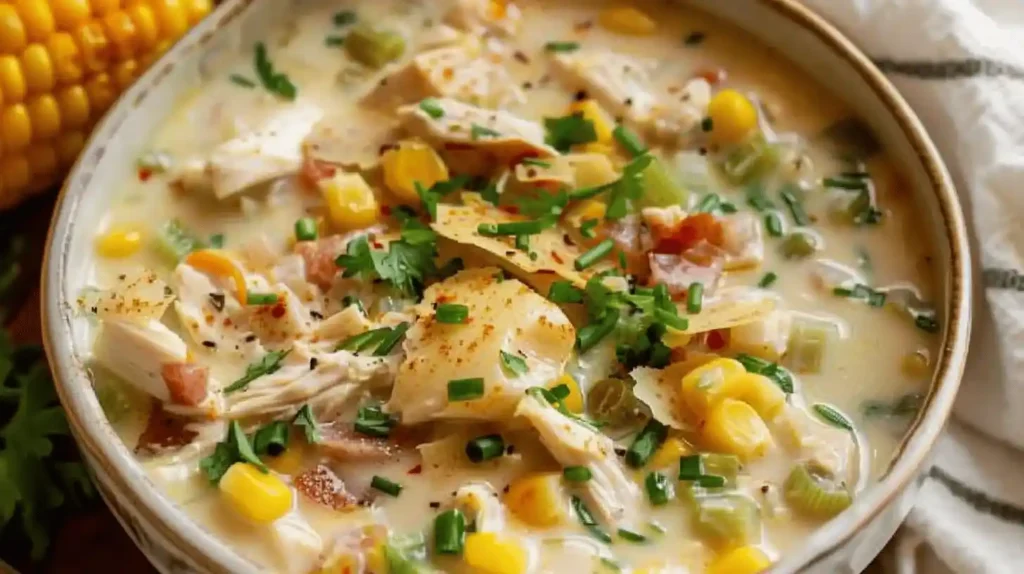 A delicious bowl of chicken corn chowder with chicken pieces, corn, and herbs.