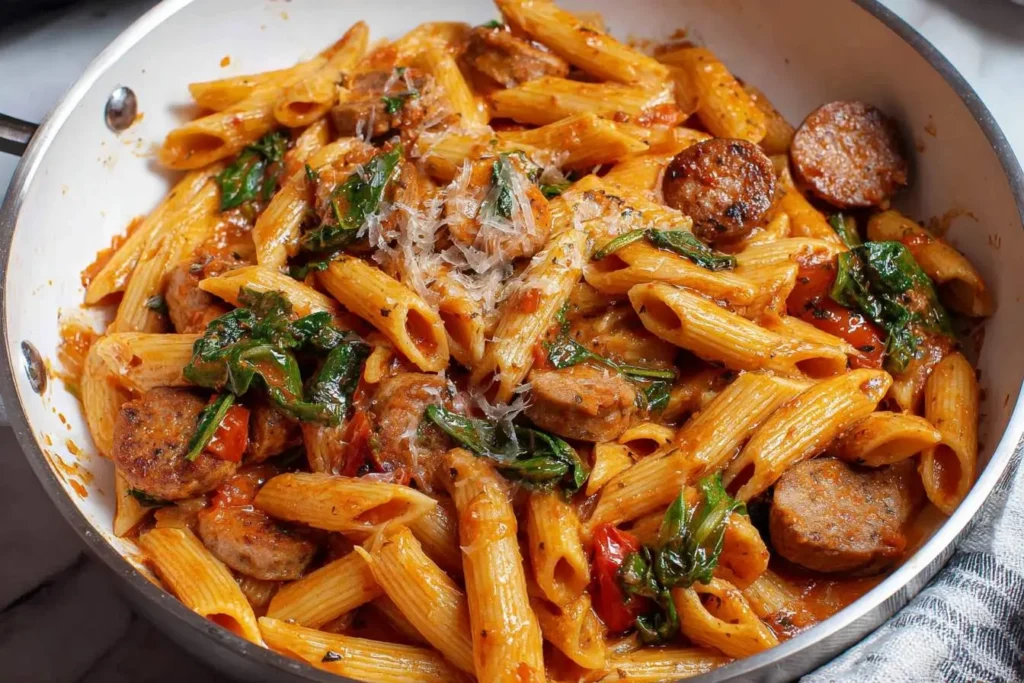 A close-up shot of a white pan filled with creamy penne Chicken Sausage Pasta, fresh spinach, diced tomatoes, and grated Parmesan cheese.