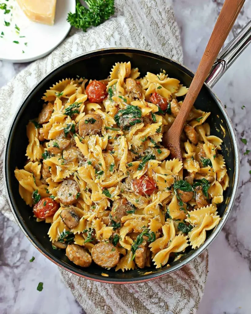 A pan of creamy chicken sausage pasta with farfalle, spinach, and cherry tomatoes, garnished with parsley and Parmesan.