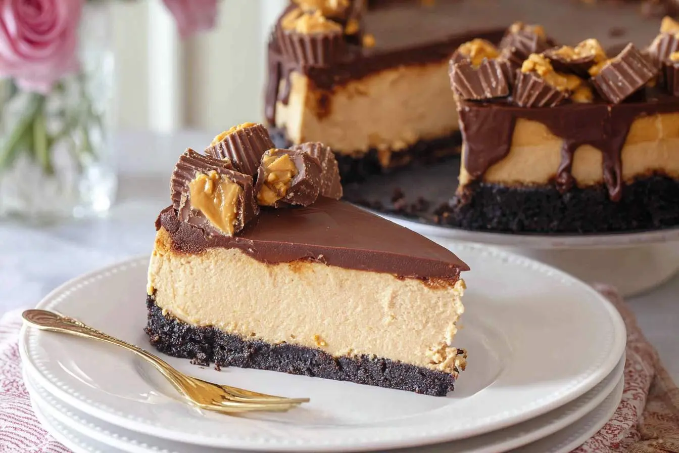 chocolate peanut butter cheesecake 2 Slice of rich chocolate peanut butter cheesecake with a dark crust, creamy filling, chocolate ganache, and mini peanut butter cup toppings.