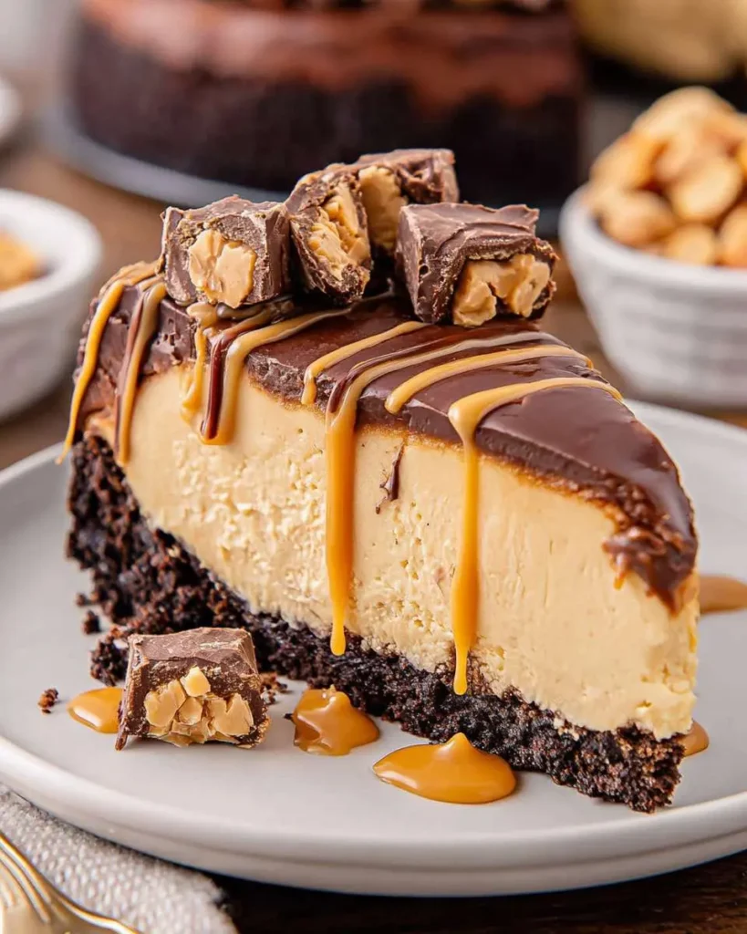 chocolate peanut butter cheesecake 1 A decadent slice of chocolate peanut butter cheesecake with caramel drizzle, chocolate ganache, and peanut candy toppings on a white plate.