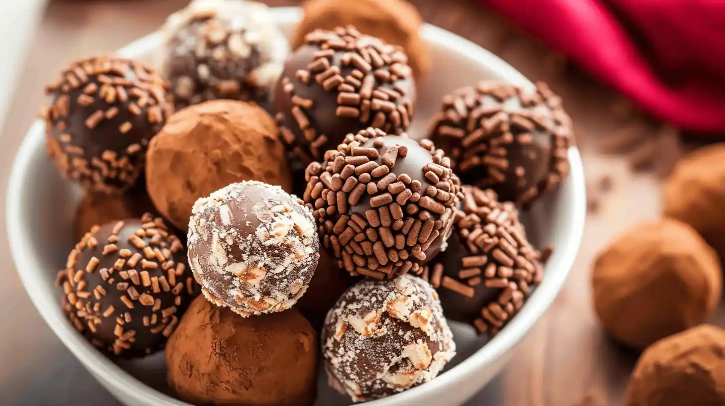 A bowl filled with assorted chocolate truffles covered in cocoa, sprinkles, and nut coatings.
