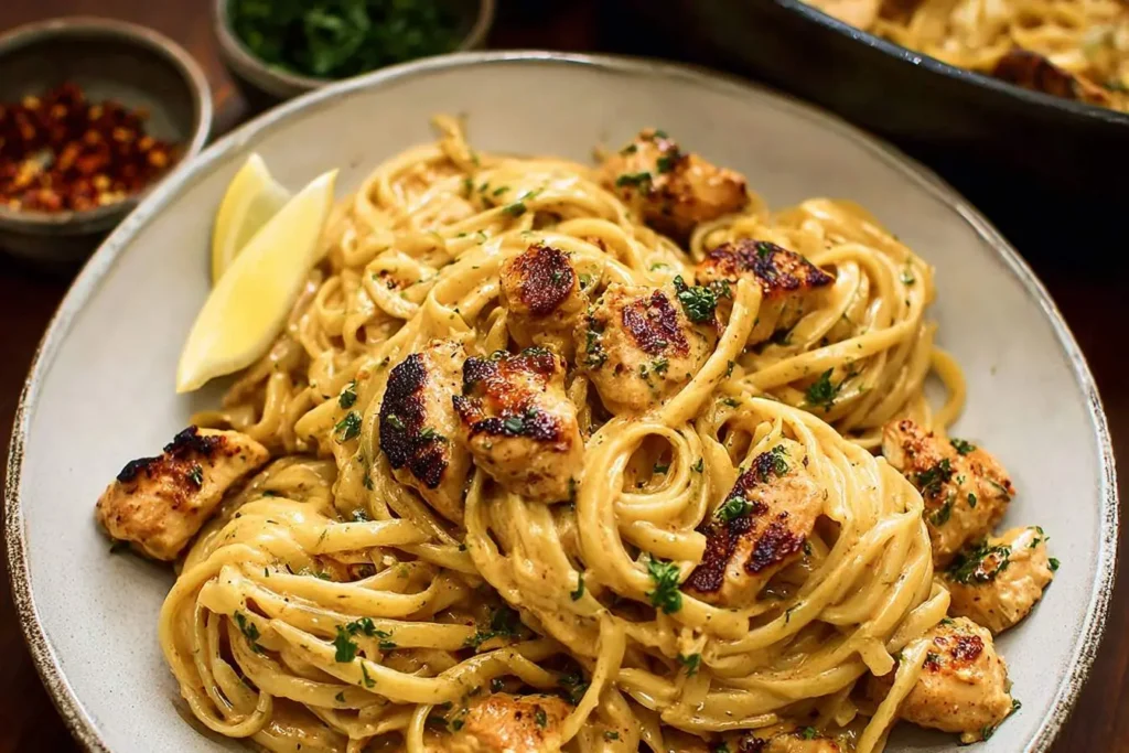 A close-up of creamy cowboy butter chicken linguine, adorned with grilled chicken pieces, fresh parsley, and a lemon wedge.