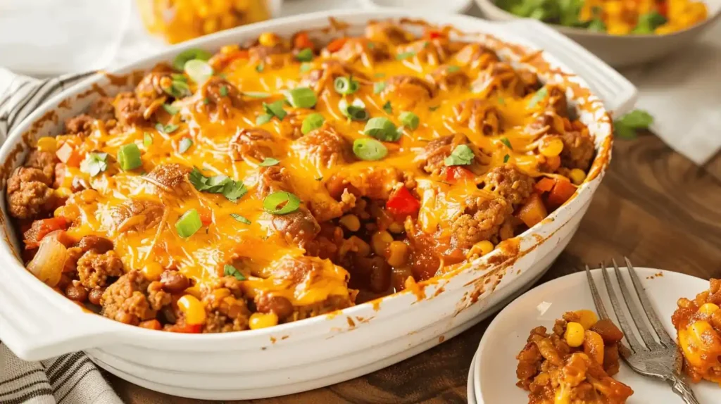 Cowboy casserole in a white dish with melted cheese, ground beef, corn, and beans.