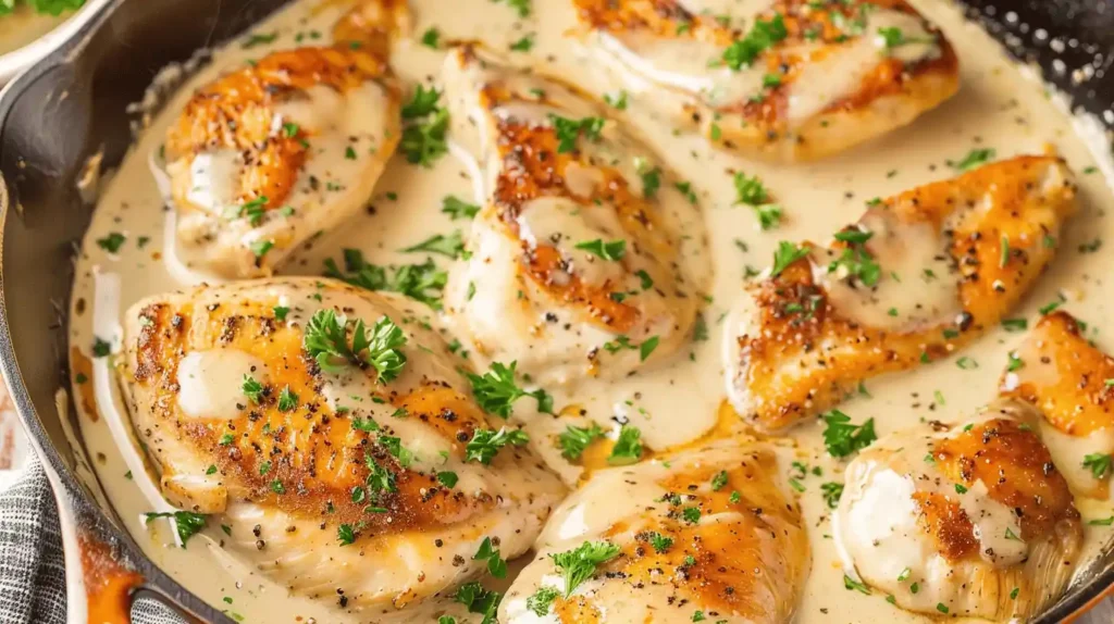 Creamy Garlic Chicken with golden-brown chicken breasts in a garlic sauce garnished with parsley.