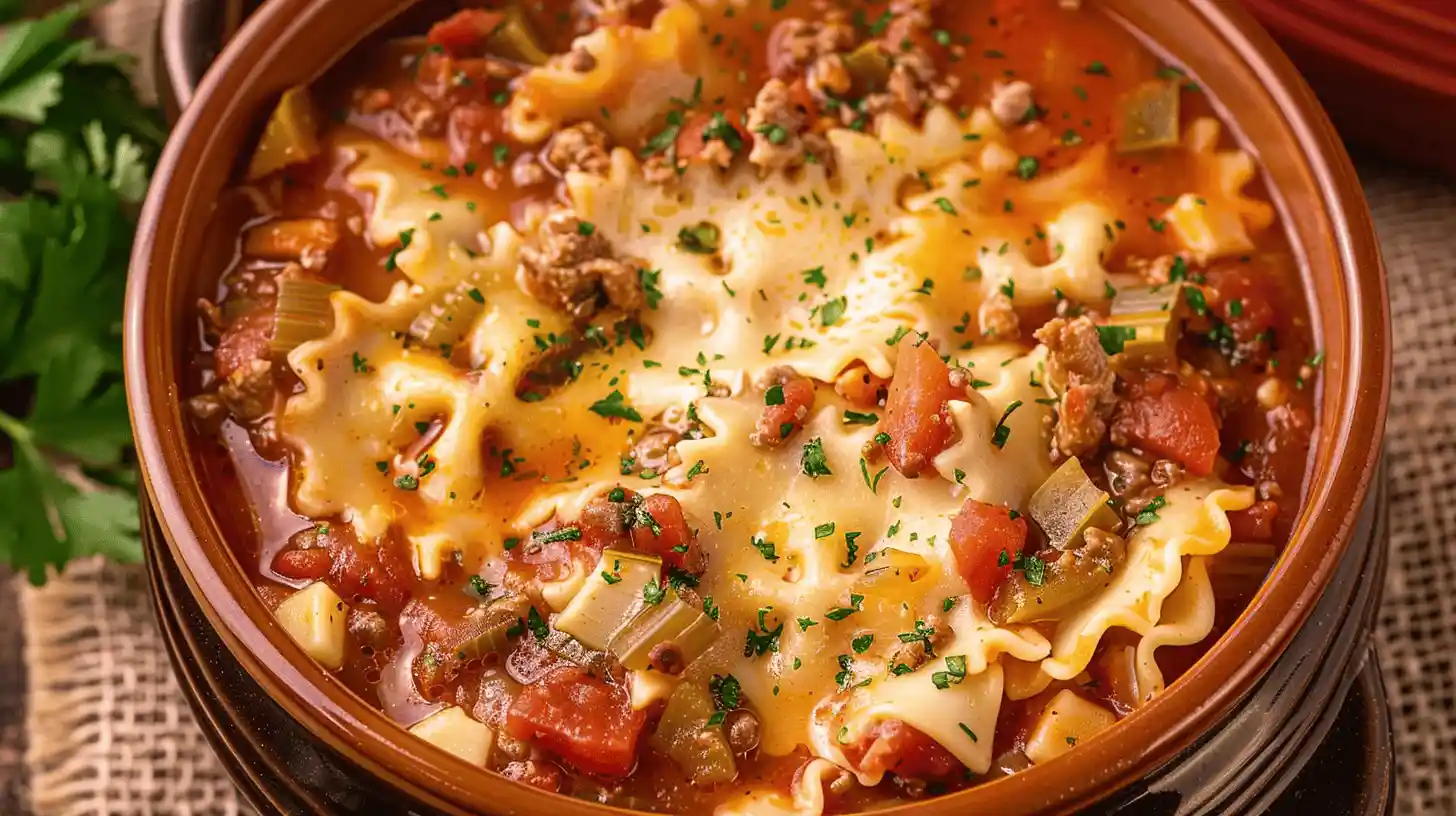Best crockpot lasagna soup 1 Bowl of crockpot lasagna soup with lasagna noodles, tomato broth, and meat.