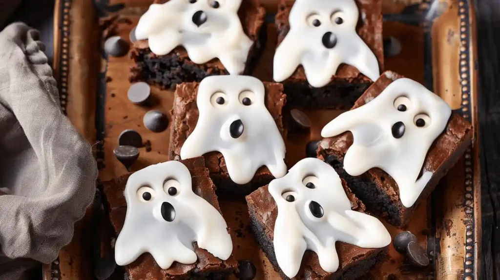 A tray of Ghost Brownies with ghost-shaped icing decorations on chocolate brownies.