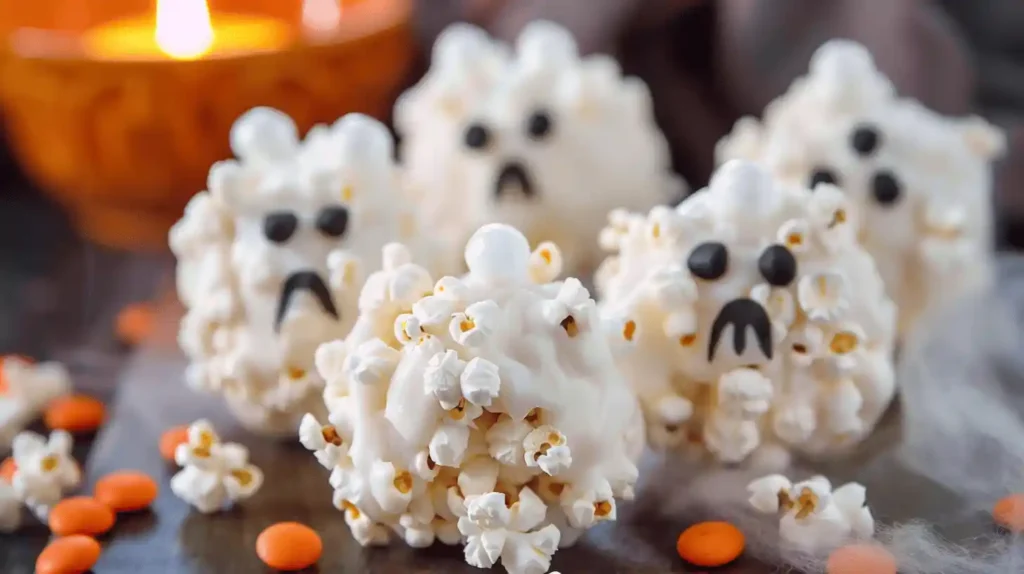 Ghostly Popcorn Balls with candy faces, arranged on a table, perfect for Halloween treats.