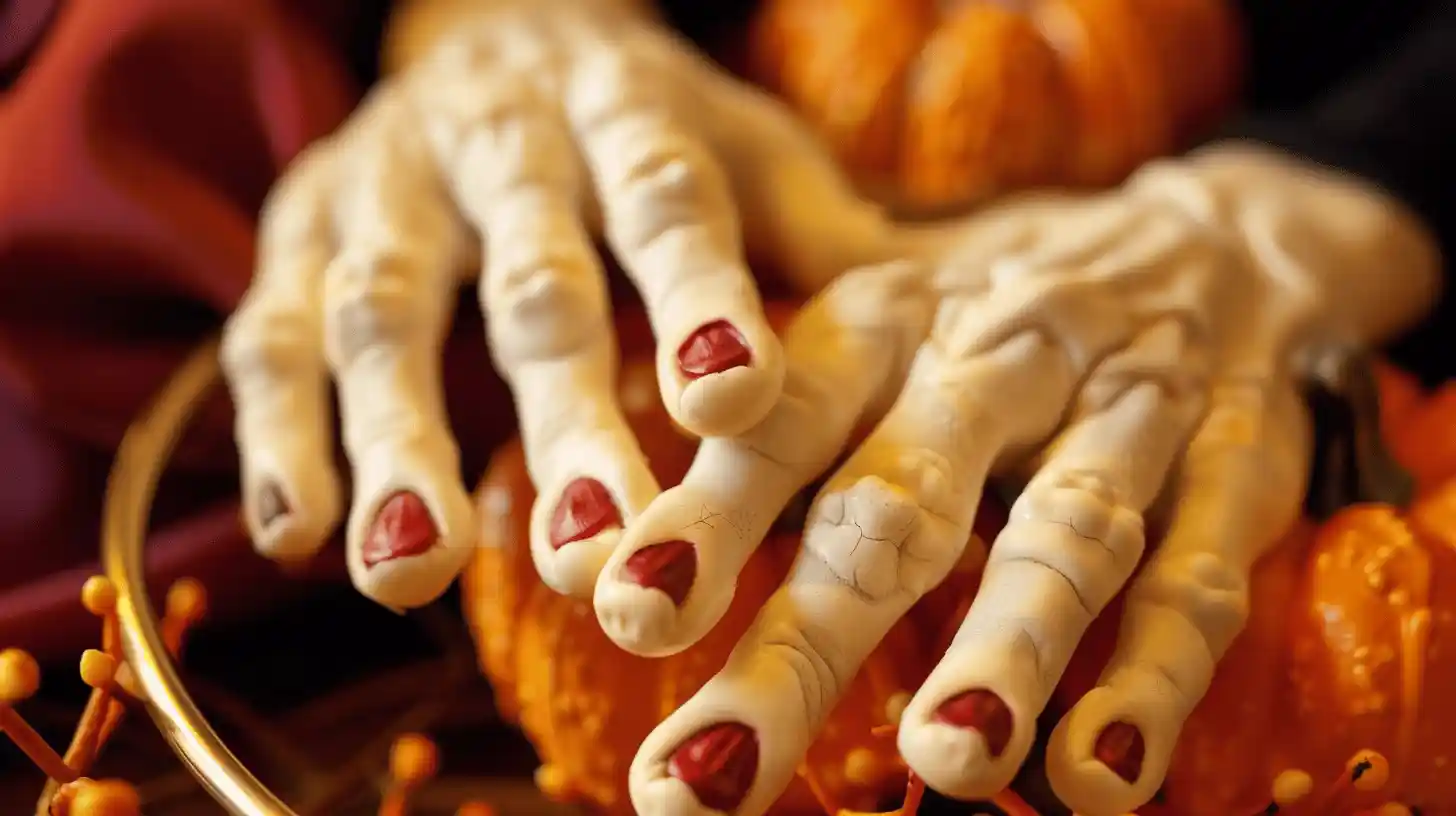 Halloween Spooky Fingers 1 Halloween Spooky Fingers with red nails on a decorative autumn background.
