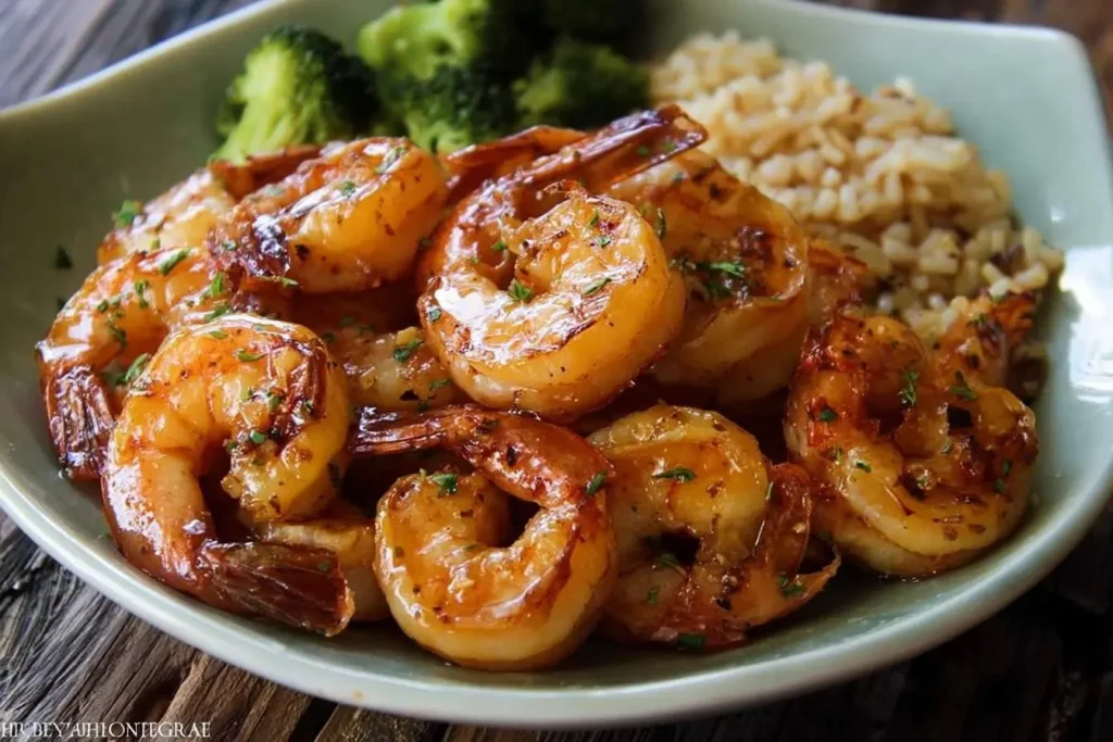 A close-up shot of a plate filled with glistening honey garlic shrimp, accompanied by steamed broccoli and fluffy brown rice.