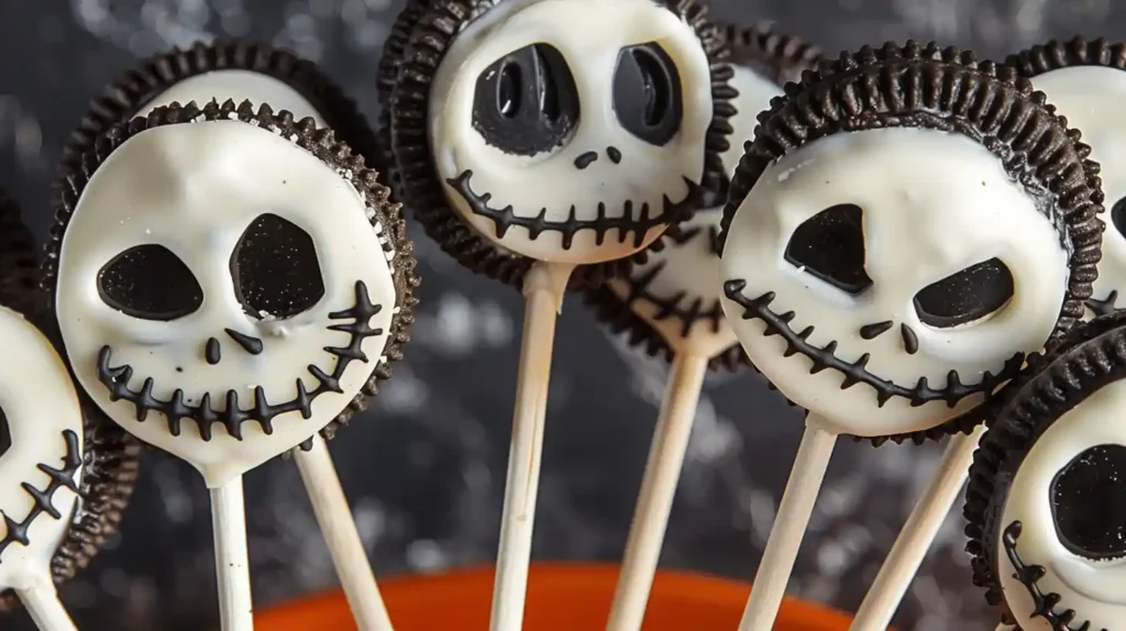 Close-up of Jack Skellington Oreo Pops decorated to resemble the spooky character, ideal for Halloween parties.