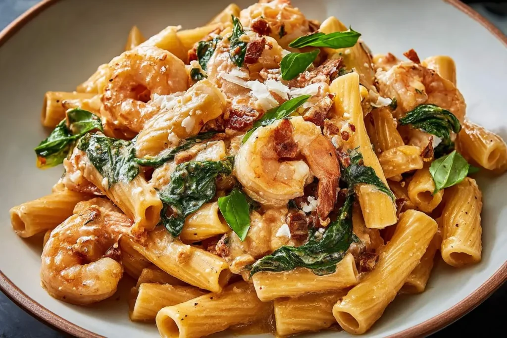 A close-up of a generous serving of creamy Marry Me Shrimp Pasta with rigatoni, spinach, bacon, cheese, and fresh basil.