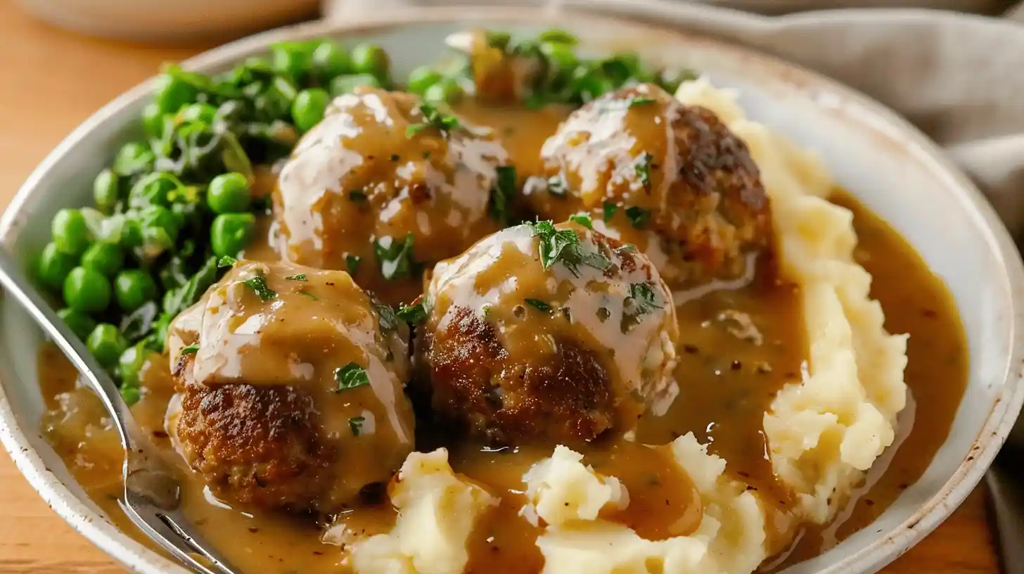 Meatballs and gravy on mashed potatoes with green peas.