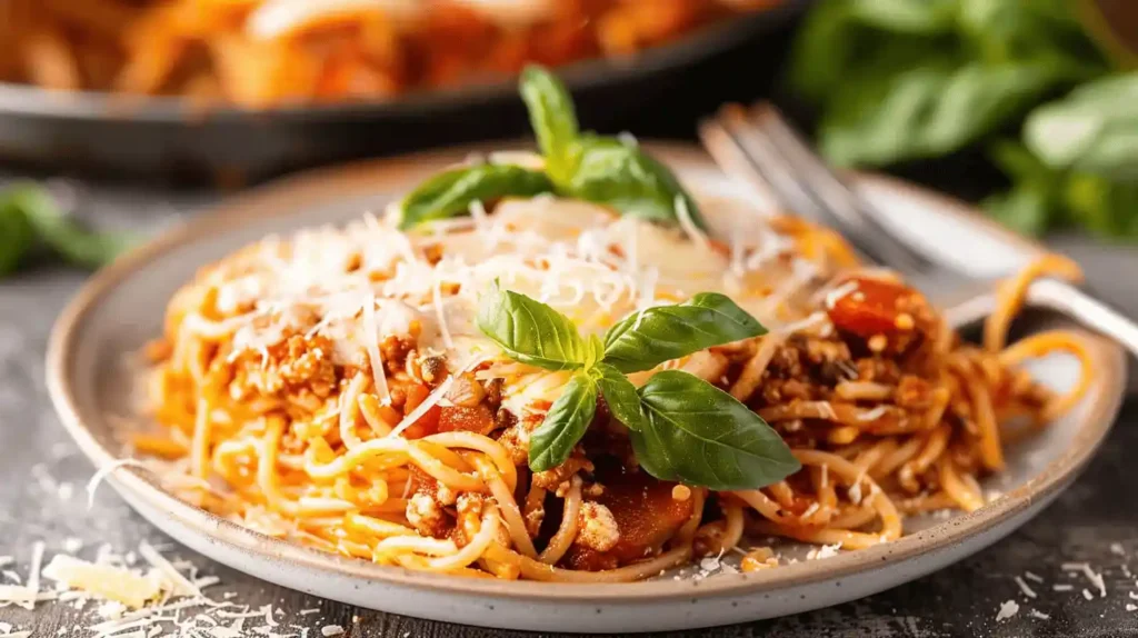 Million dollar spaghetti served with basil and cheese on a plate.