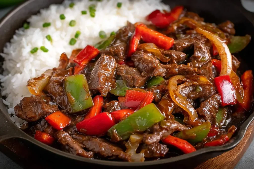 Sizzling Pepper Steak in a dark skillet, featuring tender beef, vibrant red and green bell peppers, onions, and a side of fluffy white rice.