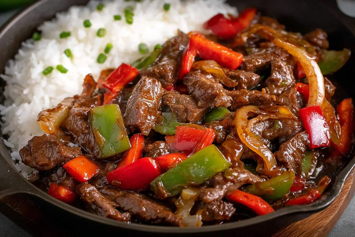 Sizzling Pepper Steak in a dark skillet, featuring tender beef, vibrant red and green bell peppers, onions, and a side of fluffy white rice.
