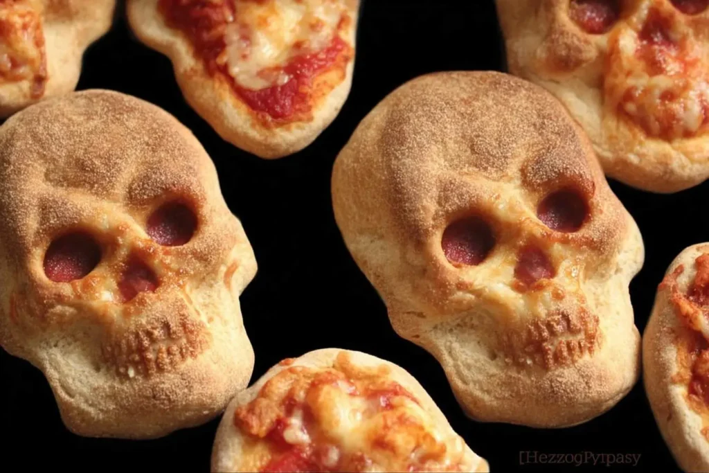 Close-up of several spooky Halloween Pizza Skulls with pepperoni eyes and mini pizzas against a black background.