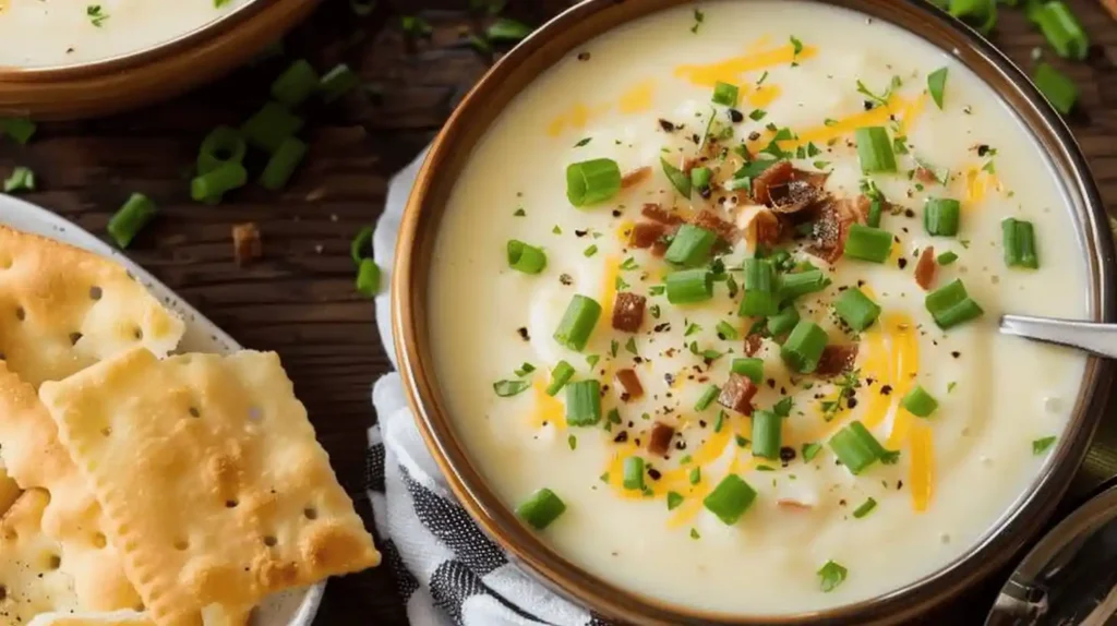 A bowl of potato soup topped with cheese, bacon, and green onions, served with crackers.