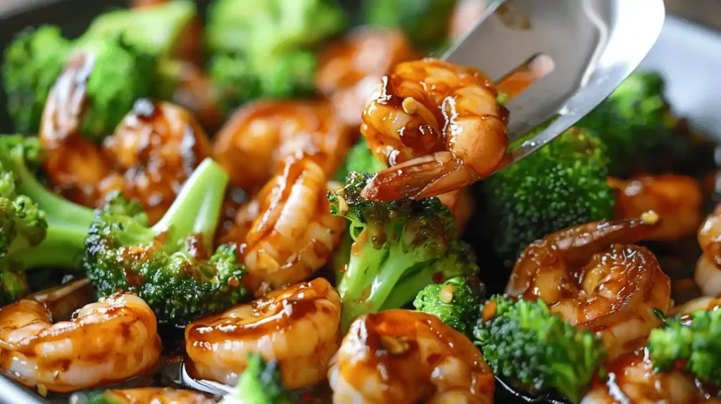 Close-up of shrimp and broccoli in a savory sauce.